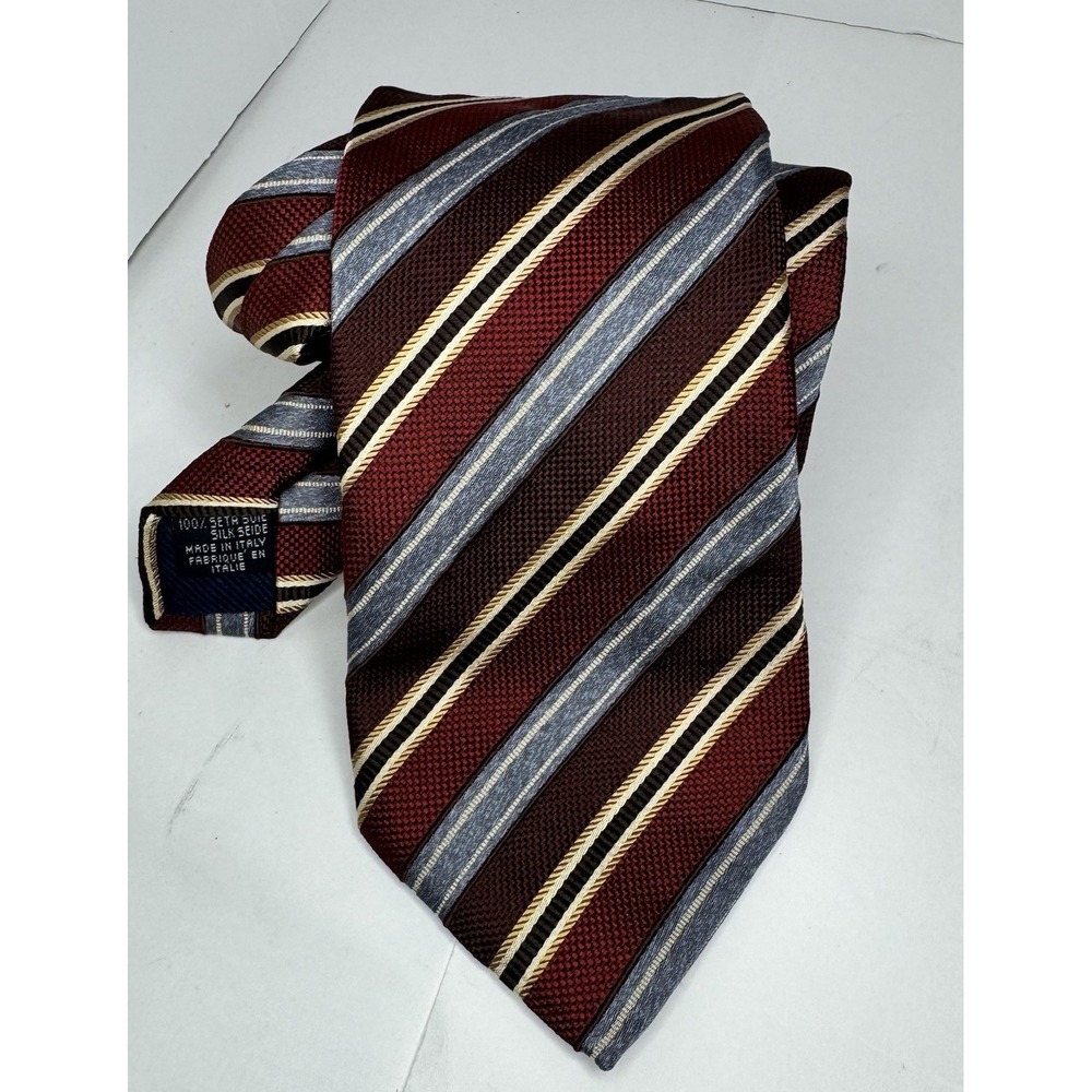 Canali Men's‎ Silk Tie Burgundy Maroon Gray Gold Stripes Classic Old Money Italy